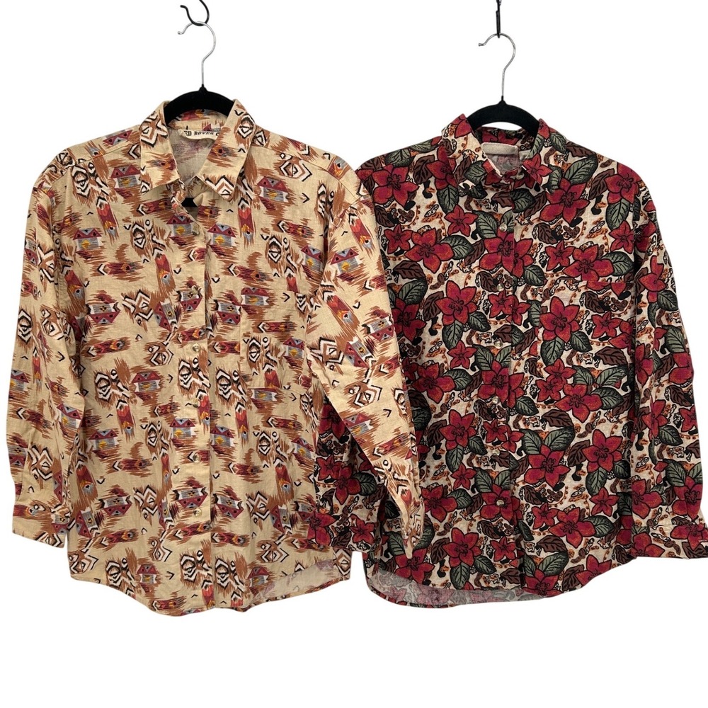 VTG RED ROVER Lot of 2 Southwest Floral Print Button‎ Down Shirt S Linen Cotton